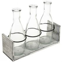 daiktų Kaimiškas butelių rinkinys mediniame laikiklyje - 3 stikliniai buteliai, pilkai balti, 24x8x20 cm - Universalus dekoravimui