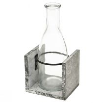 daiktų Stiklinė vaza pilkame mediniame stove, 9,5x8x20cm - Kaimiška dekoracija su 4 buteliais