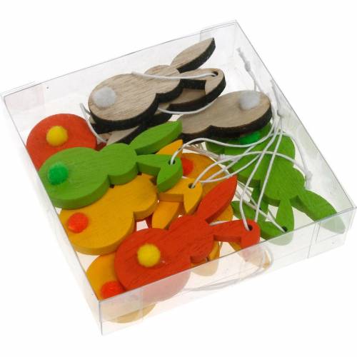 Floristik24 Spalvinga Velykų zuikio kabykla medinė Velykinė dekoracija 12vnt