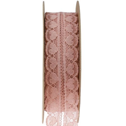 Nėrinių juostelė širdelės dekoratyvinė juostelė nėriniai senai rožinė 25mm 15m