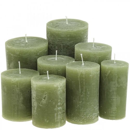 Floristik24 Vienspalvės alyvuogių žalios įvairių dydžių žvakės