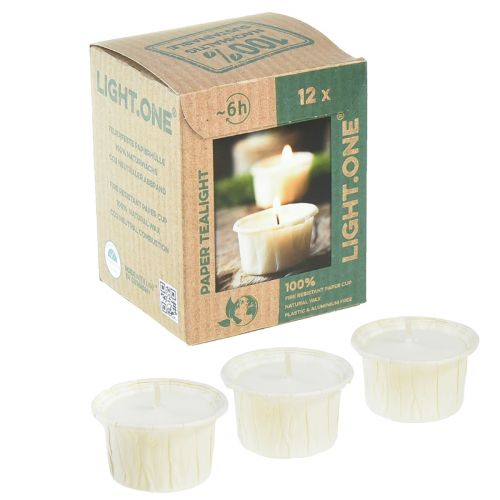 „Light.one“ popierinių arbatos žibintų natūralaus plastiko veganiška pakuotė, kurioje nėra 12 vnt