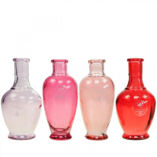 Floristik24 Mini vazos stiklinės dekoratyvinės stiklinės vazos rožinė rožinė raudona violetinė 15cm 4vnt