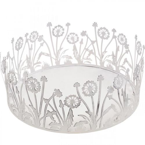 daiktų Dekoratyvinis padėklas su kiaulpienėmis, metalinė puošmena pavasario baltumui, sidabrinė shabby chic Ø25cm H10.5cm