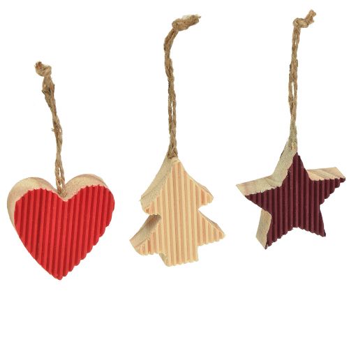 Kalėdų eglutės papuošimai medinė širdelė žvaigždutė raudona 4,5cm 9vnt