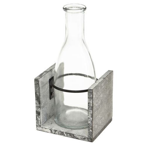 Stiklinė vaza pilkame mediniame stove, 9,5x8x20cm - Kaimiška dekoracija su 4 buteliais