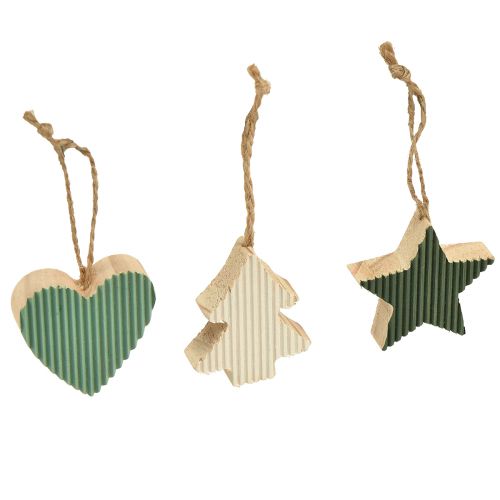 Floristik24 Eglutės medinis pakabukų komplektas, širdelė-eglutė-žvaigždė, mėtų-žalia-balta, 4,5 cm, 9 vnt - Kalėdinė puošmena