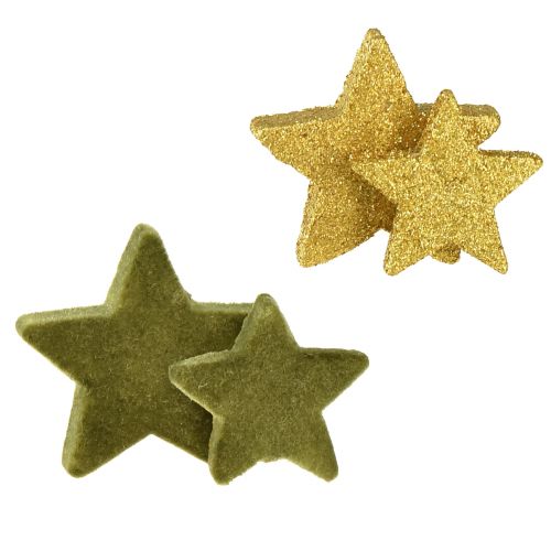 Išsklaidytos dekoracijos žvaigždės žalios ir auksinės su blizgučiais stalo dekoracija Kalėdinė 4/5cm 40 vnt