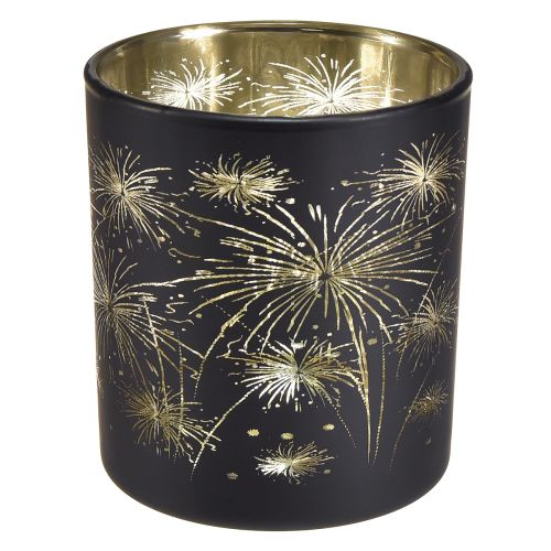 Elegantiškas stiklinis žibintas su fejerverkų dizainu - 6 vnt. juodos ir auksinės spalvos 9 cm pakuotė - Ideali dekoracija šventinėms progoms